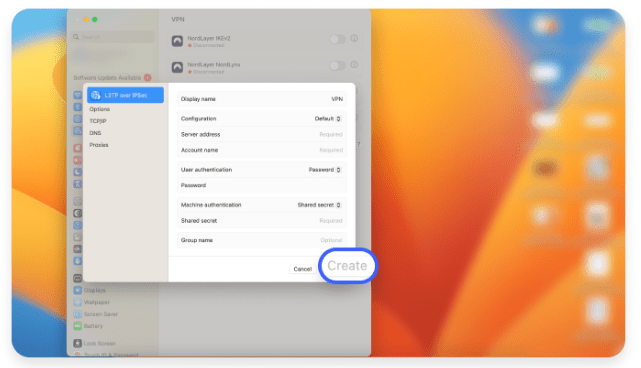 macOS vytvoření VPN