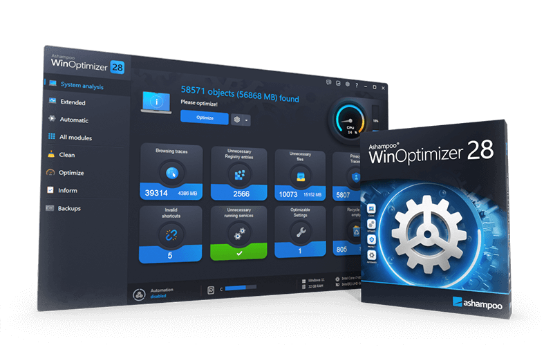 Ashampoo WinOptimizer 28 obrázek z programu v popisu produktu.
