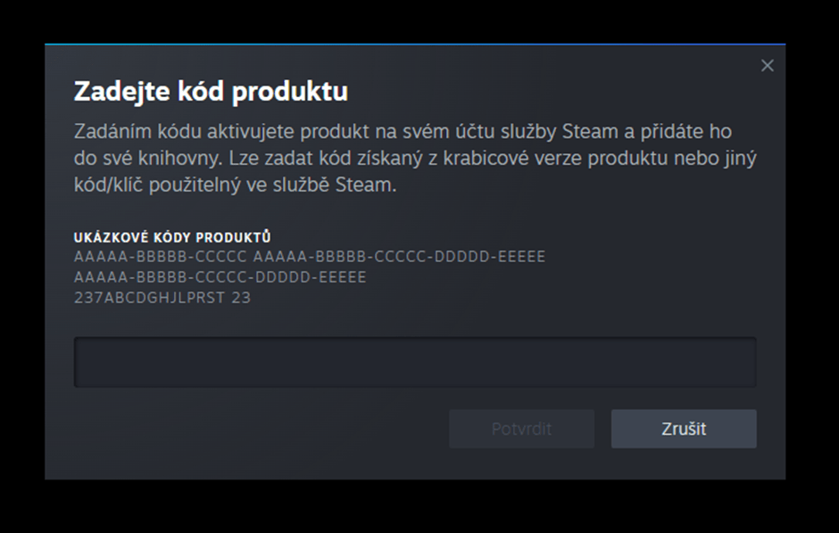Zadání kódu ve službě Steam