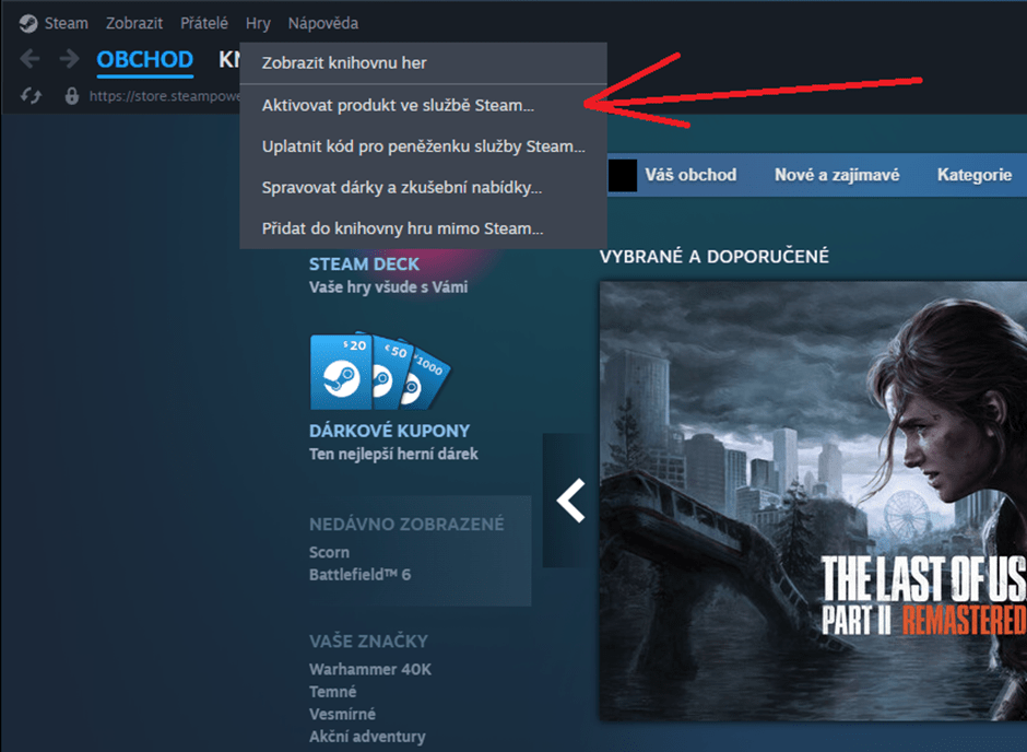 Steam aktivace produktu
